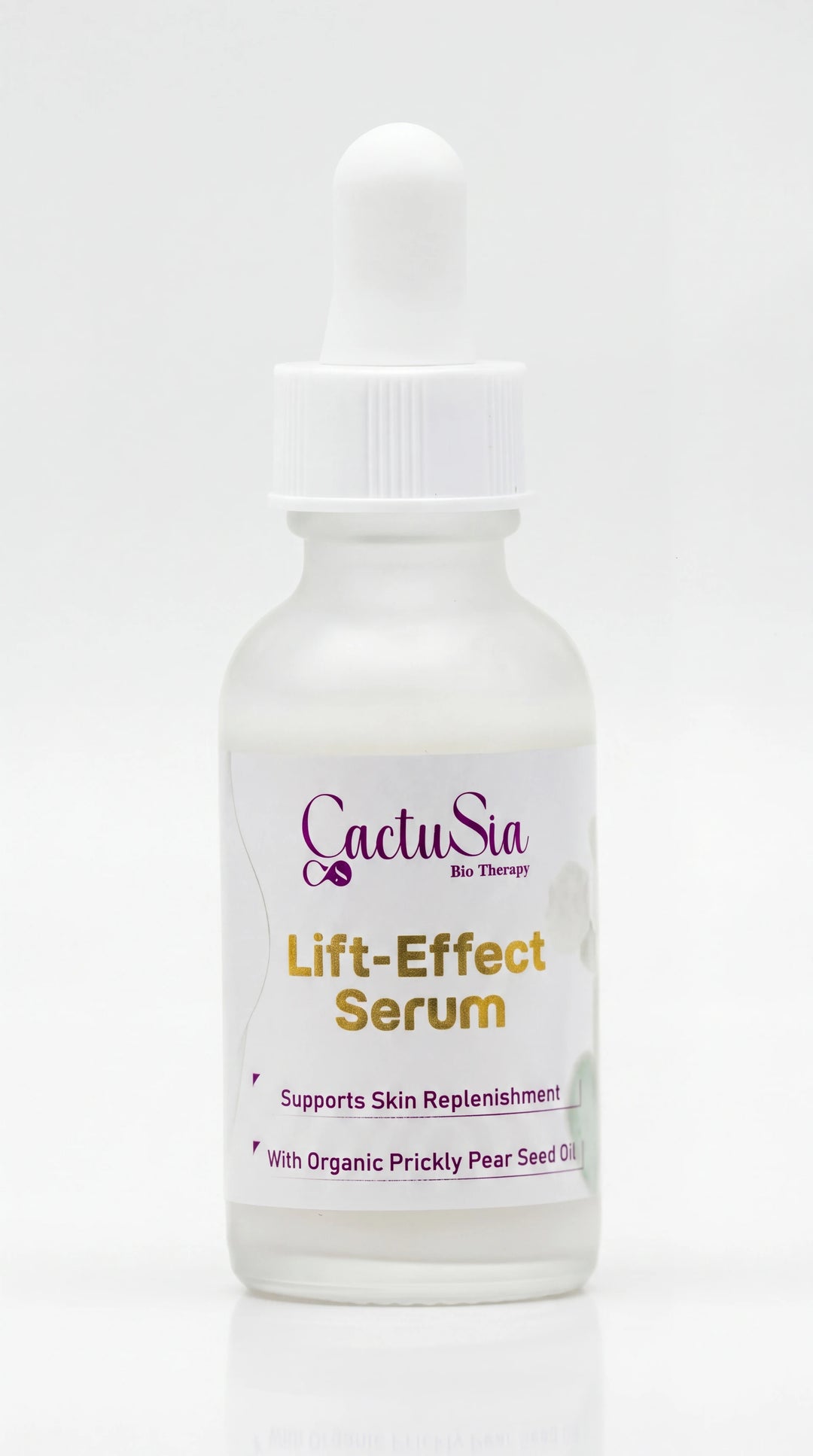 CactuSia Lift-Effect Serum bottle with Prickly Pear Seed Oil on desert-inspired background