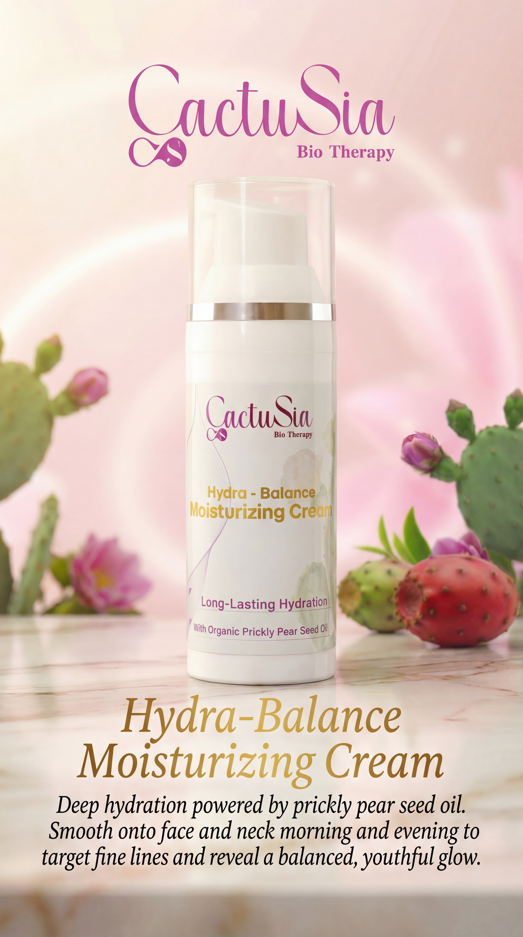 CactuSia Hydra-Balance Moisturizing Cream bottle with cacti and flowers on a pink background