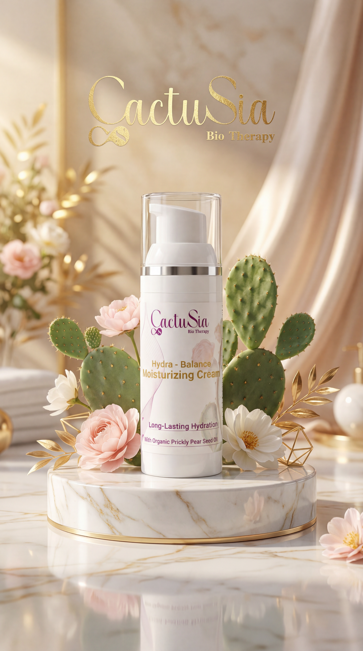 Cactusia skincare cream bottle on a decorative stand with flowers and cacti