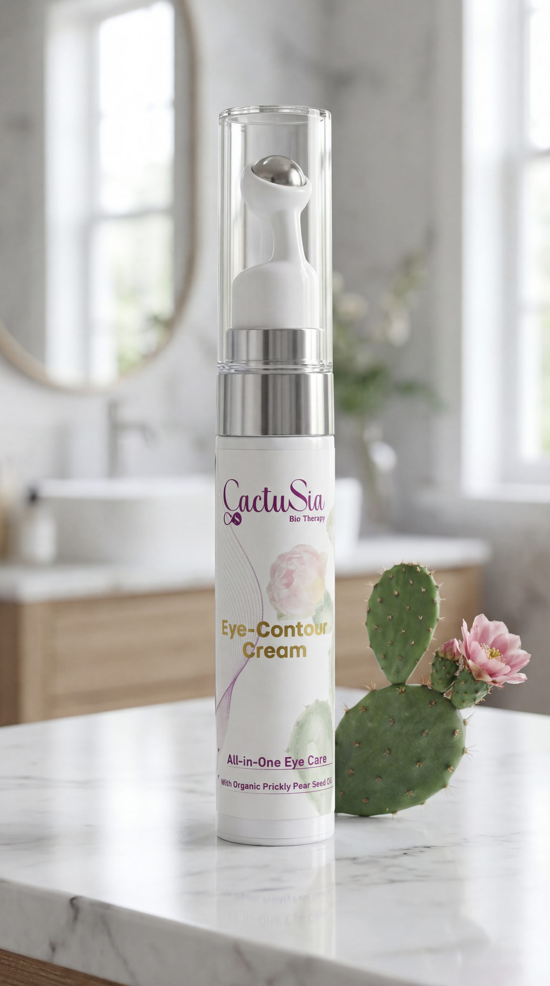 Cactus skincare product on a marble surface with a blurred background