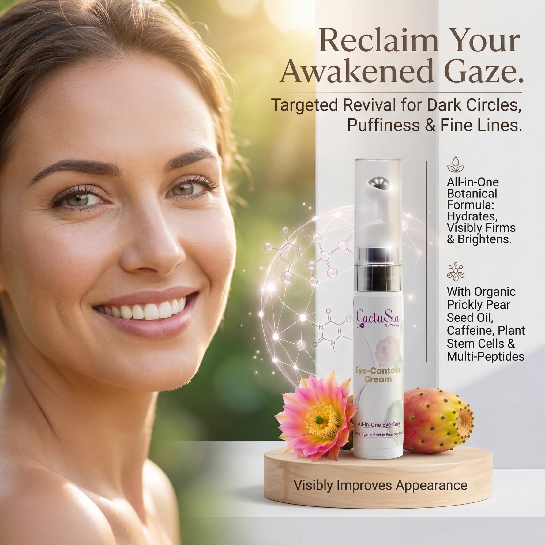 Woman with clear skin next to a CactuSia Bio skincare product with text about dark circles, puffiness, and fine lines.
