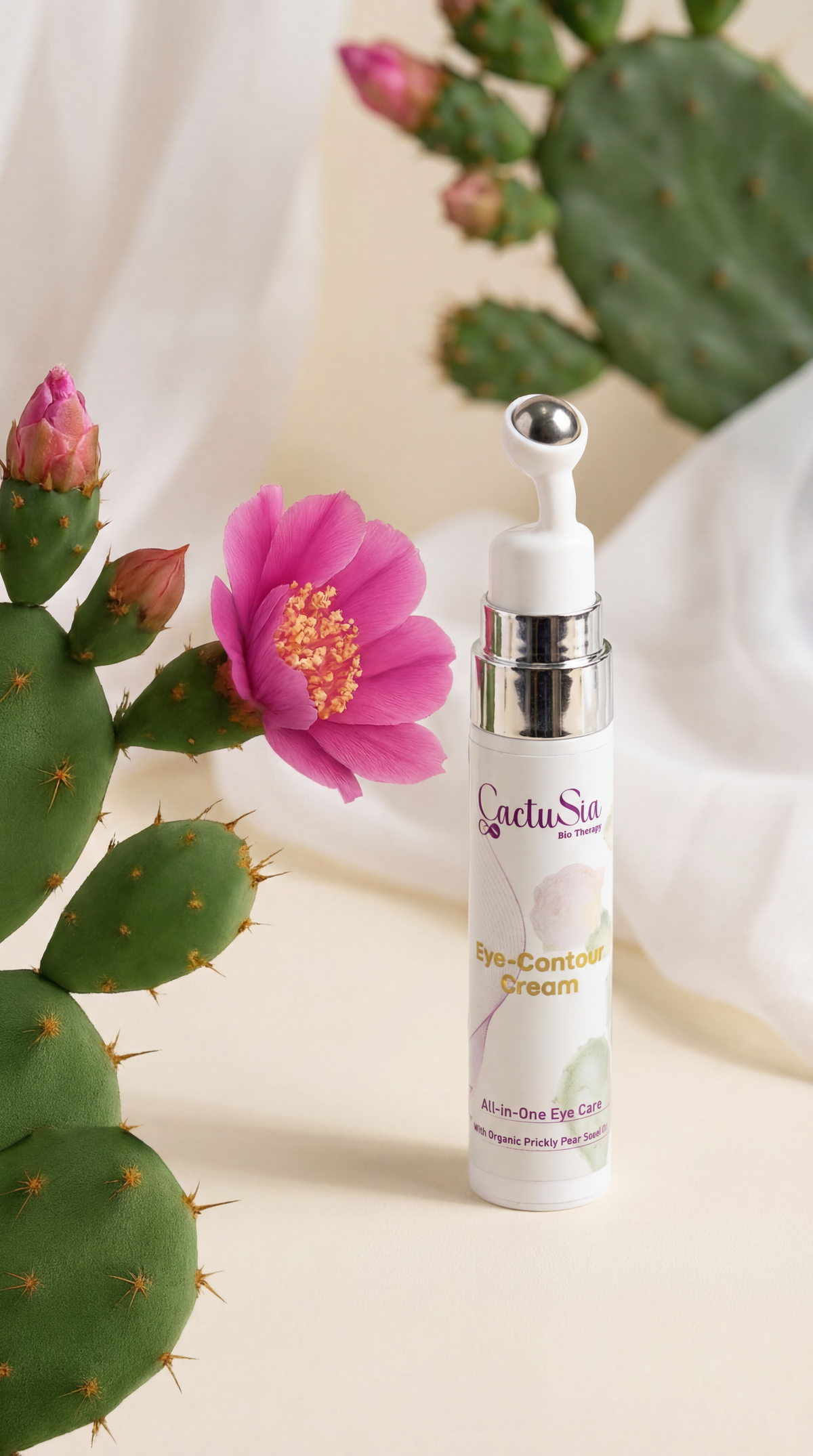 Skincare bottle with cactus and pink flower on a light background