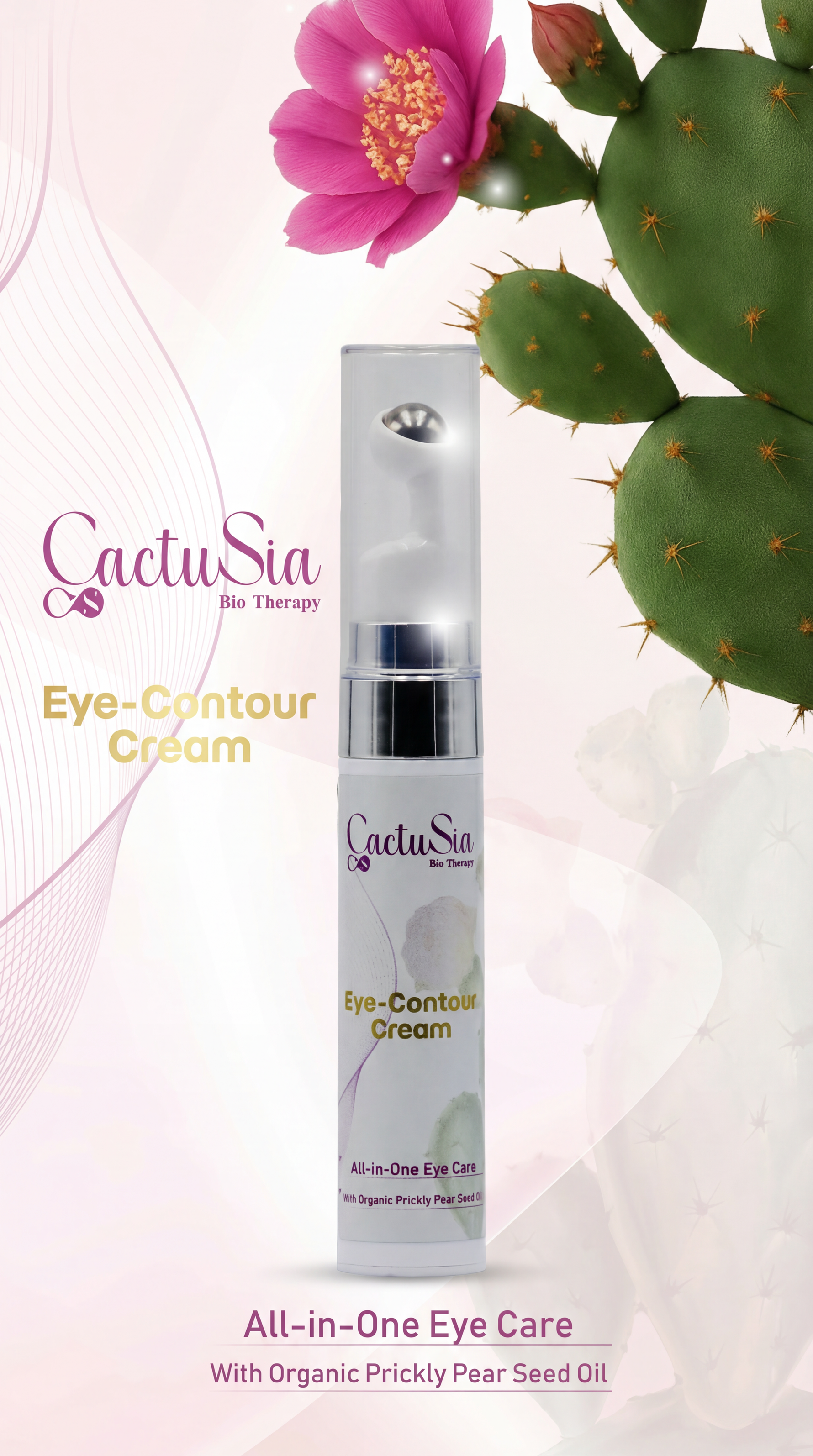Cactusia Eye Contour Cream with cactus plant and flower on a light pink background