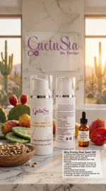 Cactusia skincare products with cacti and desert scenery in the background