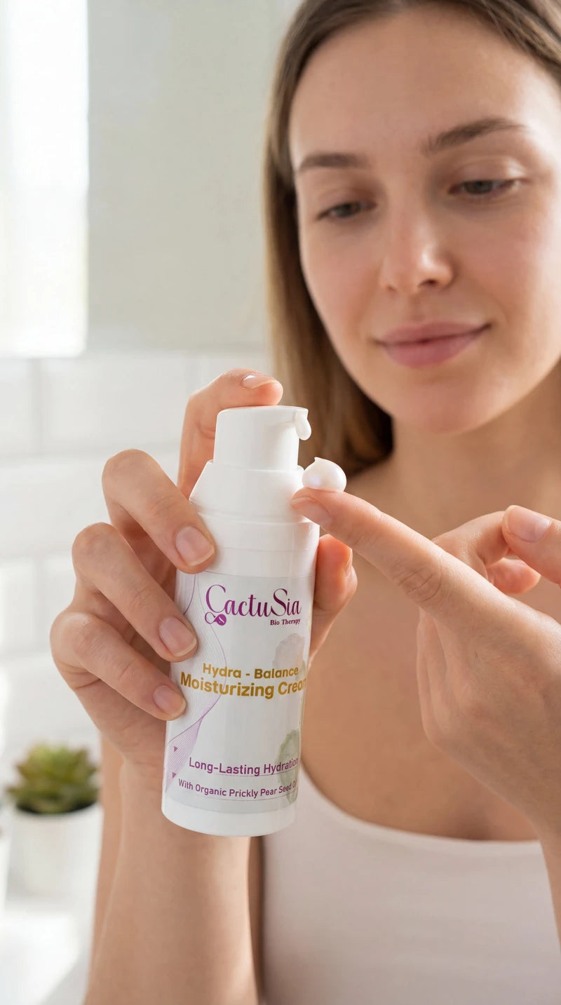 Woman applying CactusAin moisturizing cream to her hand