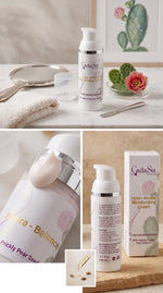 Cruelty-free skincare products on a bathroom counter with a cactus plant in the background.